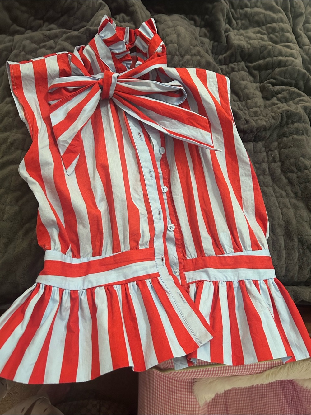 Zara size small Red & blue Striped Tie-Neck Peplum Top - womens